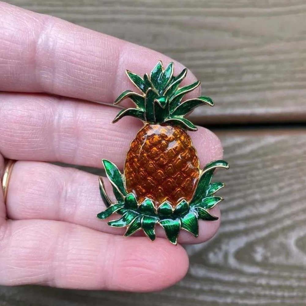 Vintage Fish and Crown Signed Pineapple Brooch Enamel Gold Tone Tropical Pin